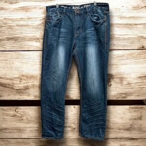 Men's Dark Distressed Wash Ring of Fire Slim Straight Jeans 36x30‎